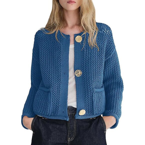 Womens Chunky Cropped Cardigan Long Sleeve Open Front Button Down